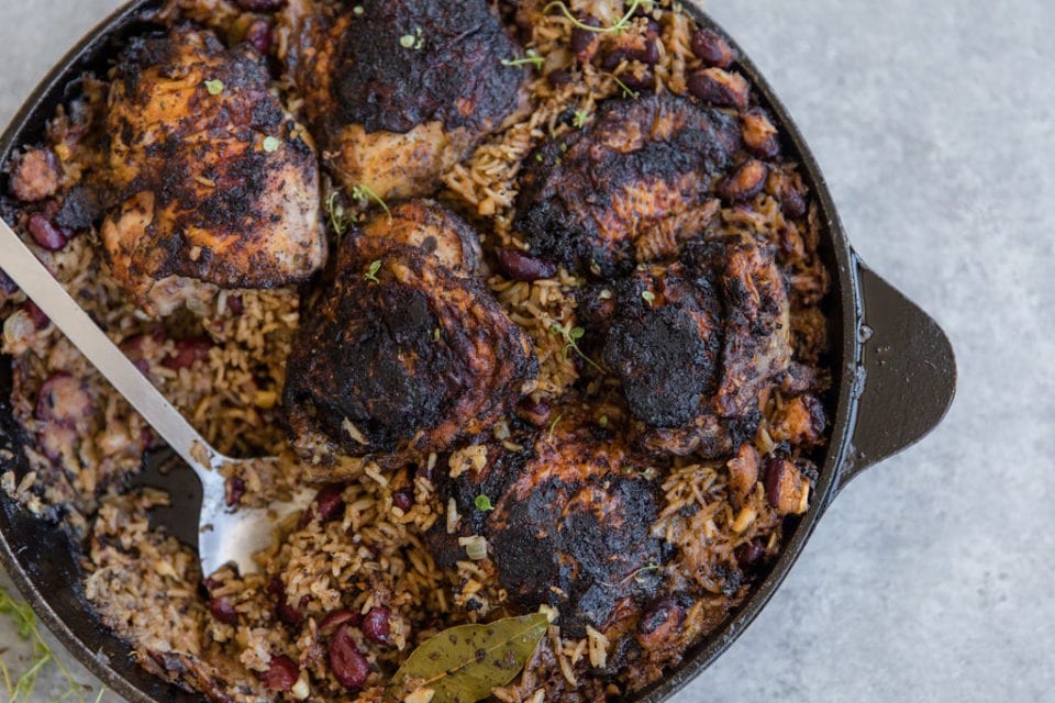 Jerk Chicken Legs with Rice and Peas (Beans) and Coleslaw